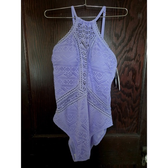 BECCA Other - BECCA Color Play Crochet Plunge One Piece Swimsuit Size 14 16 OX Purple NWT